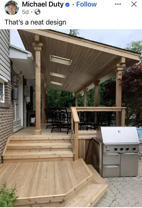 Deck Off Back Of House Covered, Front Deck With Roof, Decks With Roof Ideas, Roof On Deck Ideas, Covered Decks Designs, Deck To Front Door, Covered Patios Not Attached To House, Build A Roof Over Deck, Cover Back Deck Ideas