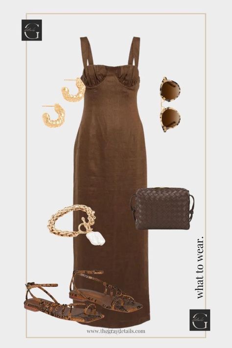 Linen Maxi Dress Outfit, Earth Tone Dresses Wedding Guest, Earth Tone Dresses, Brown Wedding Guest Dress, Exec Photoshoot, Wedding Guest Guide, Earth Tone Fashion, Wedding Shower Outfit, Earth Tones Fashion