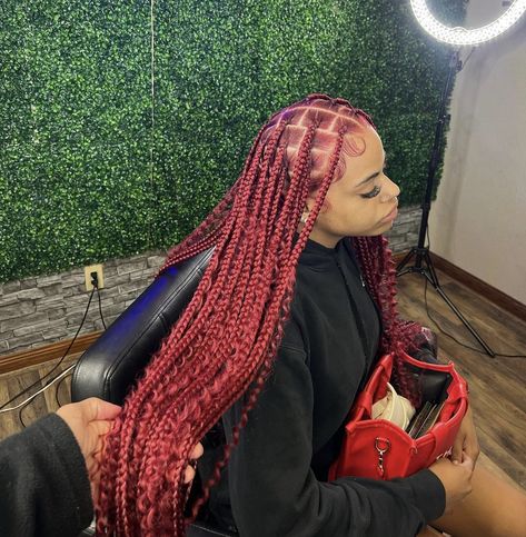 Red Bohieman Knotless Box Braids, Red Knot Less Braids With Curls, Boho Red Knotless Braids, Small Red Bohemian Knotless Braids, Boho Knotless Braids With Color Red, Maroon Goddess Knotless Braids, Red Braiding Hairstyles, Burgundy Bohemian Braids, Burgundy Knotless Box Braids With Curls