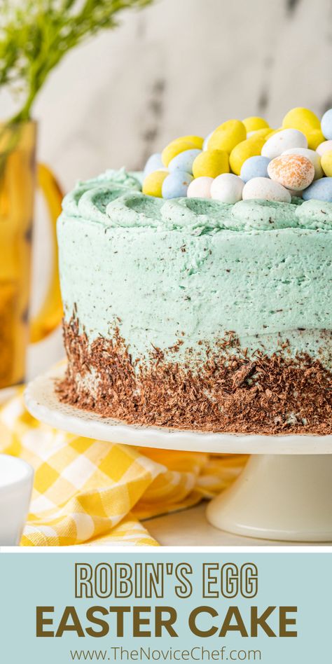 This impressive Easter Cake has layers of fluffy vanilla-orange cake, sweet Robin's Egg buttercream frosting and candy Easter eggs on top! #Easter #EasterCake #EasterEggCake #OrangeCakeRecipe #EasterDesserts Robins Egg Cake, Orange Vanilla Cake, Easy Easter Cake, Easter Cake Easy, Easter Deserts, The Novice Chef, Novice Chef, Easter Egg Cake, Easter Cake Recipes