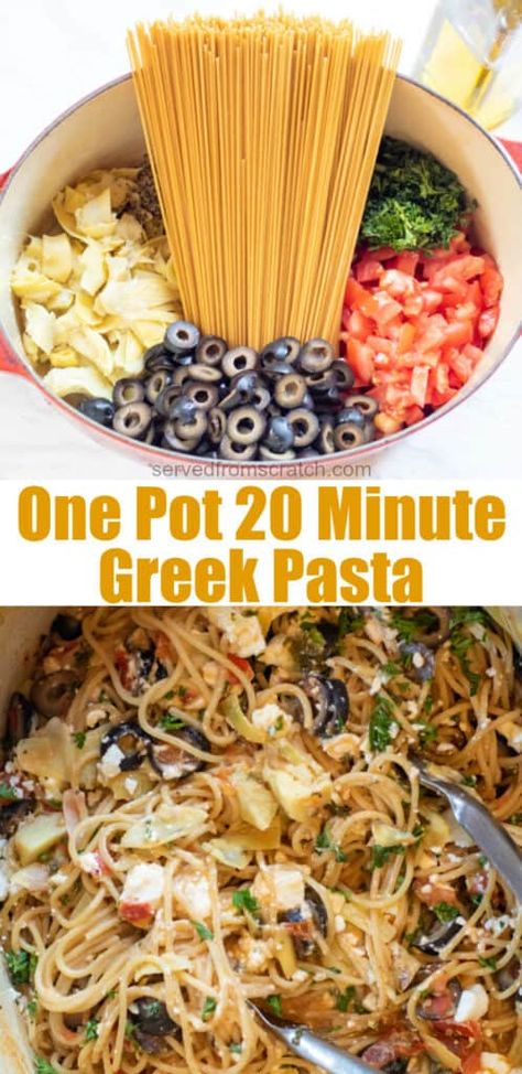 One Pot 20 Minute Greek Pasta - Served From Scratch Meals Pasta, One Pot Wonder, Whole Wheat Spaghetti, Pasta Spaghetti, One Pot Wonders, Greek Pasta, One Pot Dinners, Whole Wheat Pasta, One Pot Pasta