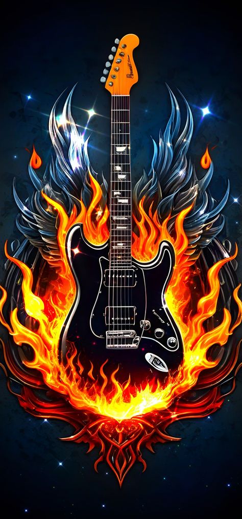 Flaming Guitar Flaming Guitar, Flame Guitar, Guitar Wallpaper, Rock N Roll Art, Electric Guitar Design, Guitar Painting, Fender Guitar, March 5, Mandala Design Art