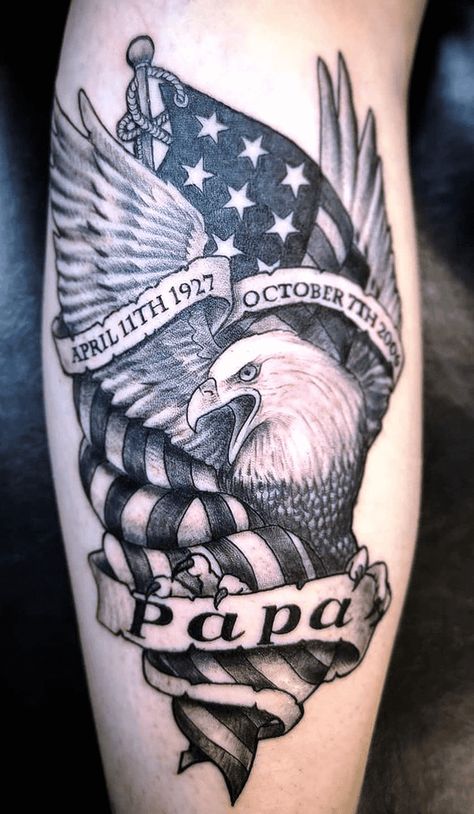 Southern Mens Tattoos, Rip Tattoos For Grandpa, Veterans Memorial Tattoos, Rip Grandpa Tattoo For Men, Memorial Pieces Tattoos, Eagle Remembrance Tattoo, Marine Memorial Tattoo Grandpa, Outdoorsman Memorial Tattoo, Small Memorial Tattoos Grandparents Men