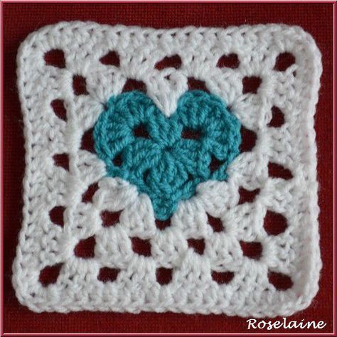 Un granny Coeur! Granny Heart Square, Motifs Granny Square, Confection Au Crochet, Heart Square, Crochet Blanket Afghan, Crochet Blocks, Granny Squares Pattern, Granny Square Crochet Pattern, Crochet Heart