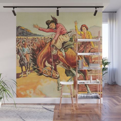 Vintage Western Rodeo Cowboy On Bucking Horse Wall Mural | Graphic-design, Vintage, Western, Cowboy, Cowgirl, Rodeo, Horse, Bucking-horse Western Office Decor Ideas Ranch, Modern Cowboy Decor, Cowboy Mural, Horse Wall Mural, Western Tapestry, Cowboy Bedroom, Vintage Western Decor, Desert Artwork, Cowgirl Design