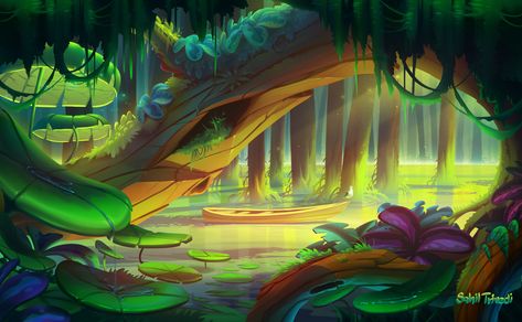 Rainforest Environment, The Garden Of Words, Bg Design, Casual Art, Environment Art, Landscape Concept, Fantasy Setting, Fantasy Places, Cartoon Background