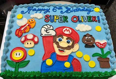 Mario Bros Sheet Cake, Mario Birthday Sheet Cake, Mario Sheet Cake Ideas, Super Mario Sheet Cake, Mario Sheet Cake, Square Birthday Cake, Mario Bros Birthday Party Ideas, Video Game Cakes, Super Mario Cake