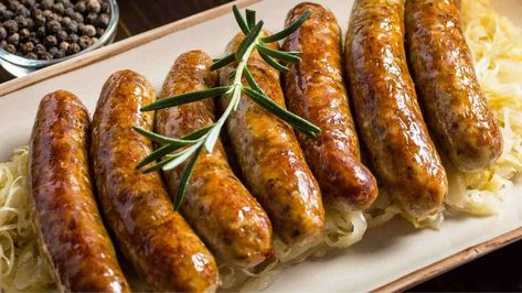 How to Boil Brats (Step-By-Step Instructions) German Food Recipes, Smoked Sausage Recipes, Braised Red Cabbage, German Sausage, Pork Schnitzel, Roasted Apples, Sauerkraut Recipes, Pork Loin Chops, Pork Cutlets