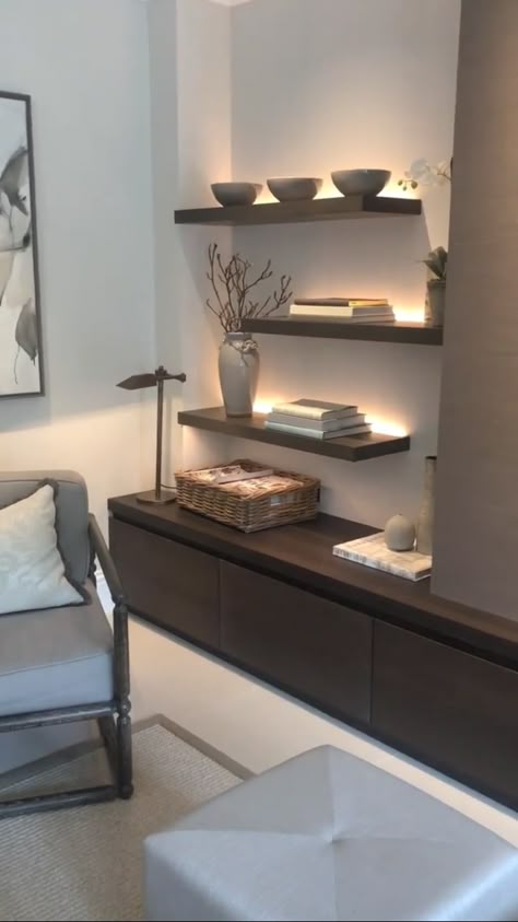 Contemporary Living Room Shelves, Floating Shelves Over Fireplace, Living Room Accent Wall With Shelves, Living Room Tv Wall Modern Floating Shelves, Library Room Bookshelves, Modern Floating Shelf, Floating Shelves With Lights, Sophie Paterson Interiors, Large Entertainment Center