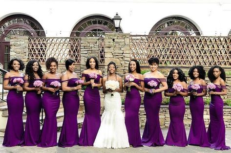 This deep eggplant color looks good on all of these bridesmaids  #munabridesmaids / via @peridotofficial Cheap Long Bridesmaid Dresses, Cheap Bridesmaid Dresses Online, Purple Wedding Theme, Purple Mermaid, Purple Dresses, Purple Bridesmaids, Munaluchi Bride, Purple Bridesmaid Dresses, Bridesmaid Dresses Online