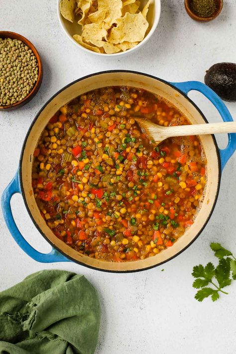 mexican lentil soup Mexican Lentils, Lentils Benefits, Lentil Tacos, Lentil Soup Recipe, Lentil Soup Recipes, Red Lentil Soup, Vegan Soups, Diced Tomatoes, Lentil Recipes