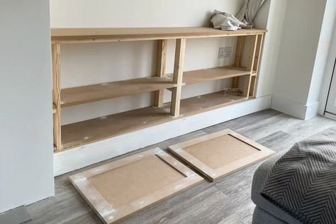 DIY: Handy Guide on How to Build Alcove Cupboards & Shelves Wall Of Cupboards Living Room, How To Build Alcove Shelves, Alcove With Shelves, Alcove Ideas Kitchen, Lounge Built In Cupboards, Shallow Alcove Ideas, Alcove Cupboards And Shelves, Tv Alcove Ideas Living Room, Diy Alcove Shelves