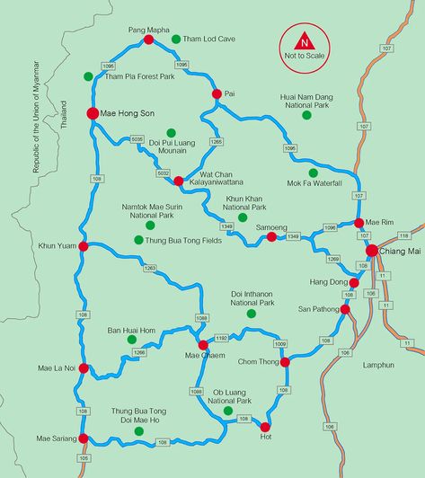 Mae Hong Son Loop, South East Asia Itinerary 1 Month, Southeast Asia Map, Mae Hong Son, Koh Tao Thailand Map, Doi Inthanon National Park, Northern Thailand, Stay Overnight, Route Map