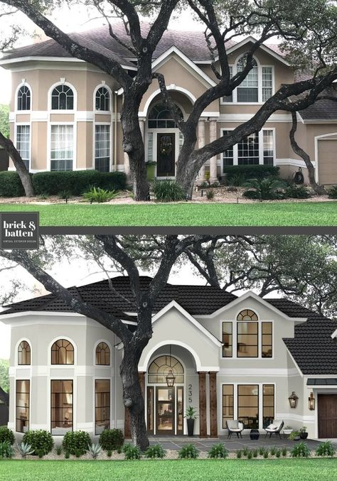 My Favorite Home Exterior Design Service - Design Improvised Stucco Remodel Before And After, Exterior Stucco House Colors, Stucco Exterior Colors, Stucco House Colors, Simple Modern Farmhouse, Stucco House, Modern Home Decor Ideas, Room Designer, House Makeovers