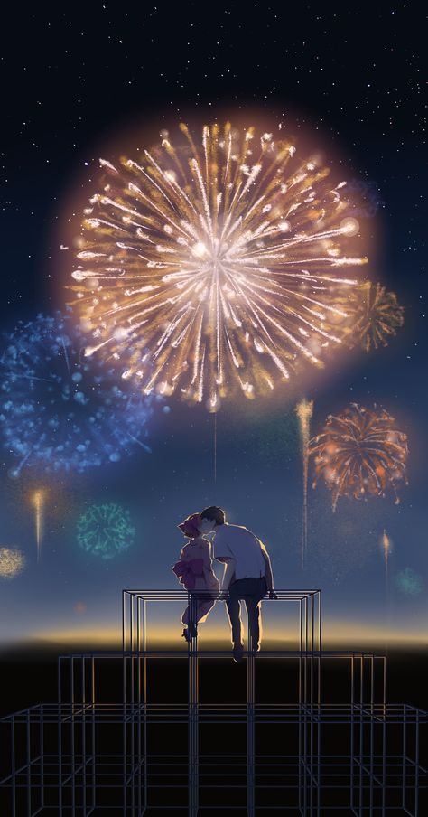 1boy 1girl absurdres aerial_fireworks black_hair bow couple far_eastern_funion fireworks gekkan_shoujo_nozaki-kun hair_bow hetero highres japanese_clothes kimono kiss long_hair night night_sky nozaki_umetarou orange_hair sakura_chiyo short_hair sky yukata New Year Anime, Fireworks Wallpaper, A Silent Voice, Anime Love Couple, Anime Background, Cute Anime Couples, Anime Scenery, Anime Movies, Anime Love