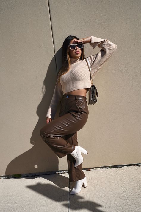 Philanthropy Outfits, Day Fall Outfits, Boots Pose, Leather Pants Style, White Shoes Outfit, Rush Outfits, Brown Leather Pants, Fair Outfits, Leather Pants Outfit