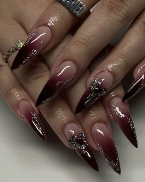 Red Smokey Nails, White Vampire Nails, Dark Romance Nails Ideas, Edgy Nails Grunge Street Styles, Vamp Nails Aesthetic, Dark Nail Sets, Dark Core Nails, Dark Fae Nails, Dark Red Goth Nails