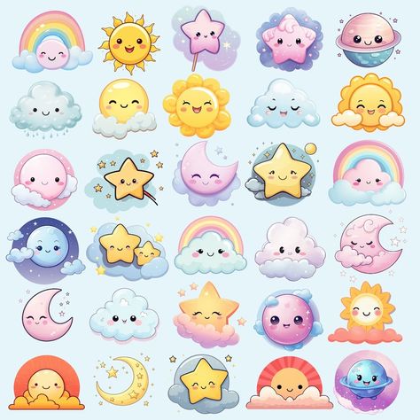 Kawaii Celestial, Backgrounds Cute, Cute Stars, Png Files, Planets, Transparent Background, Portugal, Clip Art, Moon