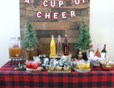 "Have A Cup Of Cheer" / Christmas/Holiday "Holiday Drink Table" | Catch My Party Wooden Christmas Yard Decorations, Have A Cup Of Cheer, Christmas Party Drinks, Inflatable Christmas Decorations Outdoor, Holiday Party Ideas, Cup Of Cheer, Christmas Decor Trends, Christmas Cocktail Party, Holiday Drink