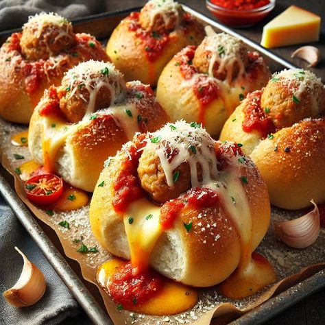 Recipe of the Week: Meatball Stuffed Garlic Sliders - Wausau Pilot & Review Meatball Stuffed Garlic Knots, Garlic Sliders, Stuffed Garlic Knots, Stuffed Meatballs, Cheesy Meatballs, Meatball Sliders, Garlic Toast, Plain Bread, Fontina Cheese