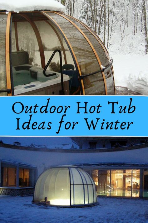 Pictures of two outdoor hot tub enclosures that are being used by people during a winter snow fall. Outdoor Hot Tub Ideas, Backyard Hot Tub Ideas, Hot Tub Decorating, Home Hot Tub, Hot Tub Enclosure, Backyard Hot Tub, Hot Tub Deck Design, Hot Tub Ideas, Hot Tub Privacy