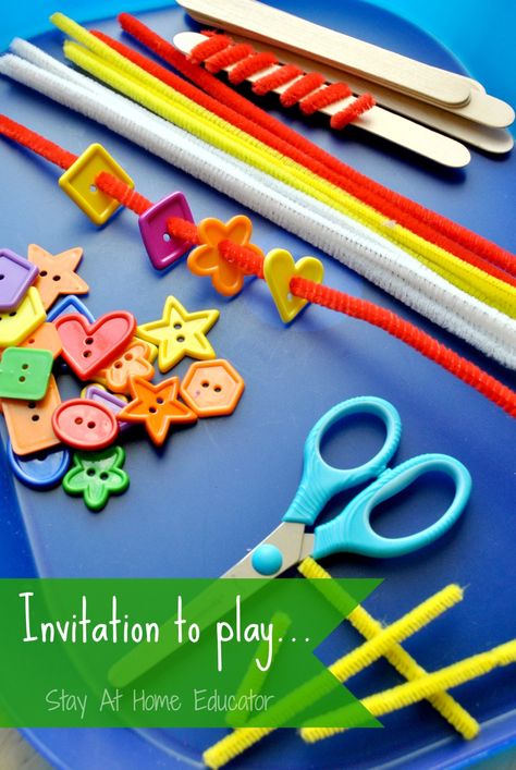 Invitation to play with craft sticks, pipe cleaner, and buttons - Stay At Home Educator Craft Sticks, Preschool Fine Motor, Art Invitation, Creative Curriculum, Fine Motor Skills Activities, Motor Skills Activities, Invitation To Play, Toddler Play, Preschool At Home