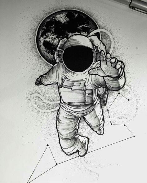 Tatuagem Astronauta; Astronaut Tattoo; Constelação de Escorpião; Constellation Scorpio; Planeta; Planet; Desenho; Designer. Queen Of Hearts Tattoo, Astronaut Drawing, Astronaut Tattoo, New Tattoo Designs, Space Drawings, Fotografi Urban, Astronaut Art, Geniale Tattoos, Space Tattoo