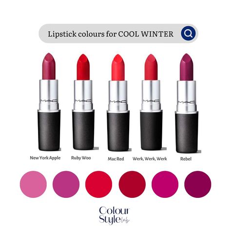 The best lip colours for Cool Winters are blue-based pinks, reds and purples. Avoid warm oranges, yellow-based reds, brown tones and peachy pinks. . . . . . #truewinter #coolwinter #coolwintermakeup #makeup #coolundertone #makeup True Winter Makeup Products, True Winter Lipstick Colors, Cool Winter Lipstick Colors, Cool Winter Lipstick, True Winter Lipstick, Zoe Deschanel, Clear Winter Palette, Jewel Winter, Winter Lipstick Colors