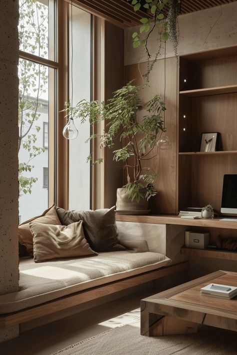 Wabi Sabi Workspace, Biophilic Interior Design Living Room, Home Office Simple, Simple House Interior, Japandi Industrial, Japandi Office Design, Studio Room Decor, Zen Home Office, Japandi Office