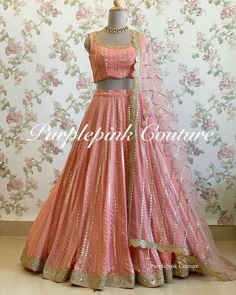 Has anyone here shopped from @purplepinkcouture  They have such a cute collection and that too within a 30k budget. Their store is based out of Juhu Mumbai and they also have an online store.  So if any of you'll are looking for budget Bridal lehengas or any Lehenga for your smaller pre-wedding functions you can definitely check this out.  I haven't personally visited their store. If any of you'll have let me know.  My current favourite from their collection is this pretty georgette base Lehenga Mirror Dupatta, Lengha Blouse, Peach Lehenga, Simple Lehenga, Lehnga Dress, Wedding Party Wear, Embroidered Lehenga, Bridal Lehengas, Indian Wedding Wear