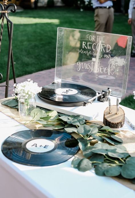 Guest Book Record, Guess Book, Welcome Table, Retro Garden, Garden Reception, Summer Garden Wedding, Retirement Parties, Record Player, Summer Garden