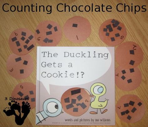 Counting Chocolate Chips with Duckling Get a Cookie — great fine motor and counting activity! Mo Willems Activity, Book Related Crafts, Mo Willems Author Study, Mo Williams, Pigeon Books, 3 Dinosaurs, Counting Activity, Author Study, K Crafts