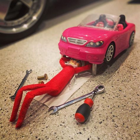 Barbie Car Elf On The Shelf, Elf Fixing Car, Elf On Shelf Monster Truck, Elf On The Shelf Truck Ideas, Elf On The Shelf Ideas Car, Elf On The Shelf Cars, Elf On The Shelf Barbie Car, Elf On The Shelf Skateboard, Elf In The Car Ideas