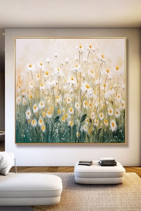 Original handmade painting of white daisies with yellow centers in a field, soft beige and green tones, textured floral wall art Daisy Field Painting, Daisy Yellow, Field Painting, Beige And Green, Daisy Field, Daisy Painting, Painting Floral, White Daisies, Delicate Beauty