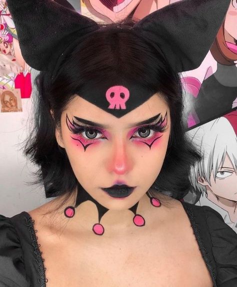 Sanrio Inspired Makeup, Sanrio Makeup Look, Kuromi Fashion, Kuromi Costume, Fem Cosplay, Kuromi Cosplay, Kuromi Makeup, Sanrio Makeup, Disfarces Halloween