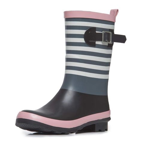 Ladies High Cut Mid Calf Buckle Rubber Rain Boots, Lightweight Waterproof Booties for Women, Pink, Black and Blue Gray Stripes, 1" Heels Womens Rubber Boots, Garden Boots, Outfits Unique, Short Rain Boots, Rain Shoes, Womens Rain Boots, Waterproof Shoes, Rubber Boots, Rainy Day Outfit