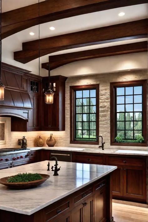 Craftsman kitchen with exposed beams Brown Aesthetic Kitchen, Dark Wood House Interiors, Dark Cherry Kitchen Cabinets, White Brick Wall Kitchen, Dark Brown Kitchen Cabinets, Mission Style Kitchens, Dark Wood Kitchen, Craftsman Style Kitchens, Cherry Wood Kitchens