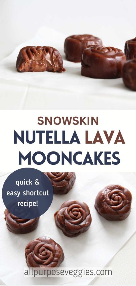 These Nutella chocolate lava snow skin mooncakes are a decadent twist on the traditional Chinese dessert. The rich and creamy Nutella filling, frozen and then softened to resemble molten lava, is a delightful surprise in every bite. With just a handful of ingredients - Nutella, and glutinous rice flour, you can make your own version of this trending treat for the Chinese Mid-Autumn Festival! Also perfect for those on a gluten free diet. #snowskin #mooncakes #midautumnfestival #nutel Gluten Free Chinese Desserts, Snowskin Mooncake Recipe, Ghibli Recipes, Chinese Dessert Recipes, Nutella Filling, Quick And Easy Sweet Treats, Mooncake Recipe, Moon Cakes, Glutinous Rice Flour