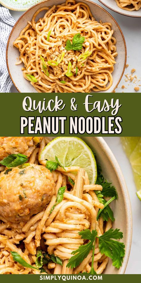 How to make quick and easy peanut noodles. This budget friendly meal is so easy to make and so delicious. Sweet, savory, tangy peanut sauce and ramen noodles is a comforting meal. Add any protein to the noodles dish. Easy Peanut Noodle Recipe, Peanut Butter Ramen Noodles, Peanut Butter Ramen, Best Healthy Dinner Recipes, Pumpkin Pasta, Peanut Noodles, Simply Quinoa, Takeout Food, Healthy Pasta