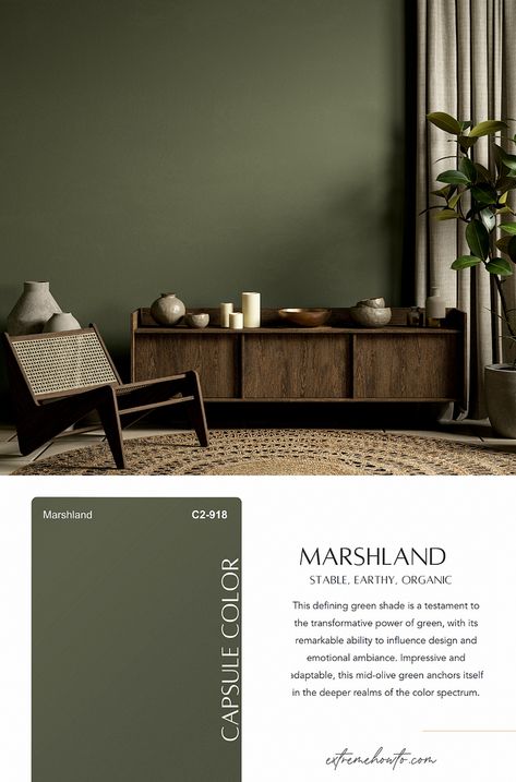 C2 Marshland is a defining green shade that serves as a testament to the transformative power of green, with its remarkable ability to influence both design and emotional ambiance. It’s an impressive, adaptable, mid-olive green that anchors itself in the deeper realms of the color spectrum. Earthy, stable, and organic, its subtle undertone of muted yellow gives it an animated vibrancy, ensuring it never appears dull but exudes a luminous, life-affirming vitality. Wall Color Inspiration, Paint Color Of The Year, Faux Finishes For Walls, Olive Green Bedrooms, Olive Green Paints, Moody Home, Moody Home Decor, Color Of The Year 2024, Green Wall Color