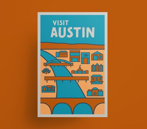 This poster for the city of Austin, Texas is part of my Hipster Towns vintage inspired travel poster series. It offers a lot of great hipstery things, like outdoor art installations, craft breweries, quirky curio shops, great Mom & Pop eateries, and lots of parks. They also share a similar catchy unoffical city slogan with Portland, Oregon, "Keep Austin Weird". Keep Austin Weird, Visit Austin, Great Mom, Travel Tees, Poster Series, Dog Logo, Craft Brewery, Graphic Design Studios, Art Installations