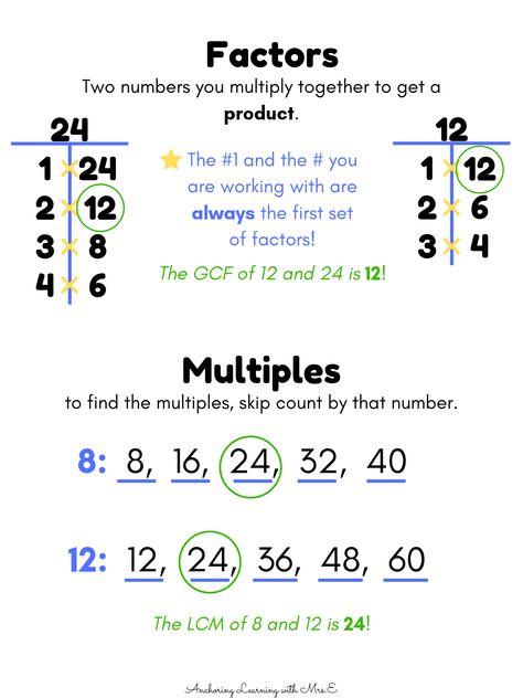 Gcf And Lcm Anchor Chart, Factors And Multiples 4th Grade, Factors And Multiples Worksheet, Multiples Worksheet, Gcf And Lcm, Lcm And Gcf, Factors And Multiples, Teaching Math Strategies, Sixth Grade Math