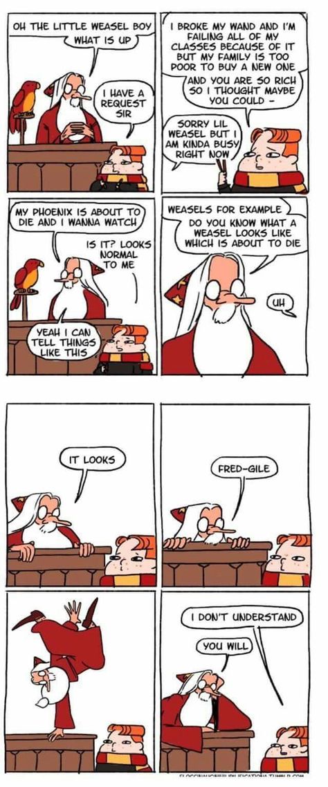 If Dumbledore every actually made that pun I would murder him before any one else could Dumbledore Comics, Hp Comics, Scorpius And Rose, Yer A Wizard Harry, Harry Potter Comics, Harry Potter Jokes, Harry Potter Love, Harry Potter Obsession, Too Soon