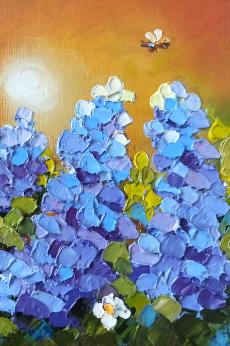 Bluebonnets and honeybee painting. Handmade 100%. 🌷Materials; oil paints, canvas board, palette knife. 💐Size; Height; 7 inches (18 cm), Width; 5 inches (13 cm), Depth: 0.1 inches (2 mm). Unframed. This beautiful Flower Original Artwork is a stunning piece created by artist Inna Bebrisa. Painted with impasto oil technique on a canvas panel, this artwork captures the essence of bluebonnet flowers in a unique and vibrant way. Bluebonnets Painting, Bluebonnet Painting, Modeling Paste, Painting Flowers, Oil Paints, Blue Bonnets, Canvas Board, Palette Knife, Beautiful Flower