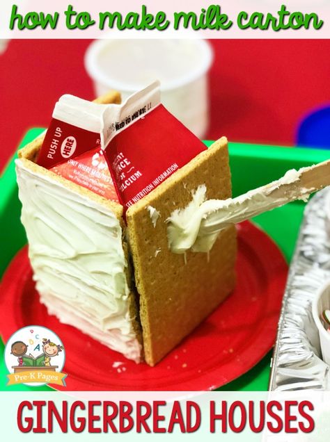 Gingerbread House With Milk Carton, Science Gingerbread House, Milk Carton Gingerbread House For Kids, Gingerbread Graham Cracker House, Gingerbread House Milk Carton, Milk Carton Gingerbread House, Graham Cracker Gingerbread, Candy Houses, Xmas Activities