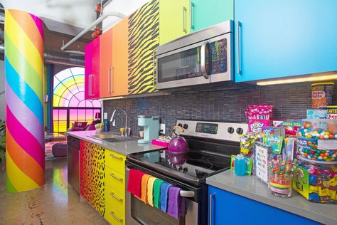 Penthouse Hotel, Rainbow Curtains, Rainbow Kitchen, Trapper Keeper, Colorful Kitchen, Lisa Frank, Smart Living, Lounge Areas, Hotel Room