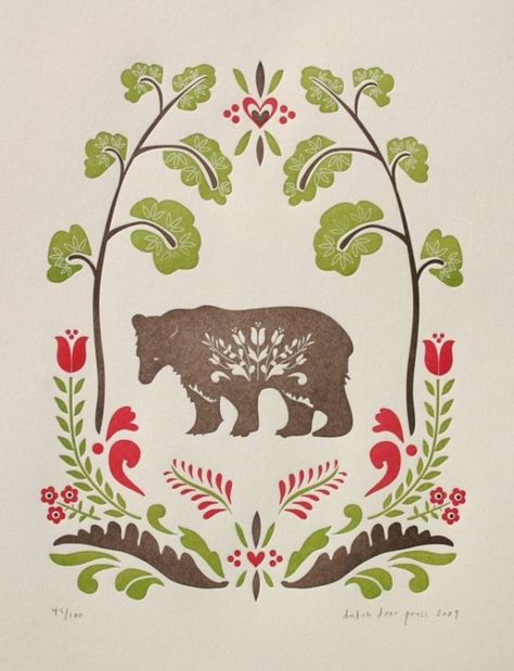 Folk bear print, dutch door letterpress. Baba Jaga, Folk Print, Arte Folk, Folk Design, Dutch Door, Scandinavian Folk Art, Folk Embroidery, Scandinavian Art, Art And Illustration