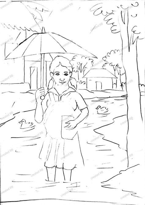 A girl going to school raining day Monsoon Season Drawing, Human Figure Artists, Drawing Themes, Hard Drawings, Raining Day, Pencil Drawings Of Animals, Monsoon Season, Indian Art Gallery, Drawn Map