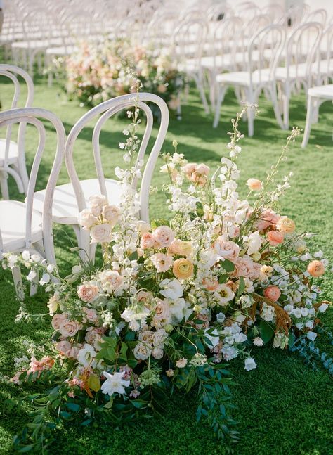 Very Floral Wedding, Pastel Flower Arch Wedding, Garden Inspired Wedding Flowers, Colorful Floral Installation, Summer Wedding Aisle Flowers, Wedding Ceremony Flower Ideas, Floral Ground Arrangement, Garden Party Wedding Aisle, Wedding Inspo Summer