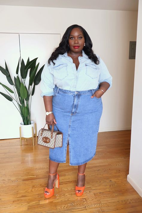 Plus size women in a denim shirt and denim midi skirt outfit Denim Midi Skirt Outfit Plus Size, Jean Skirt Plus Size Outfits, Long Denim Skirt Outfit Plus Size, Plus Size Jean Skirt Outfits, Denim Skirt Outfit Plus Size, Plus Size Denim Skirt Outfit, Jean Skirt Outfits Plus Size, Plus Size Denim Outfits, Midi Denim Skirt Outfit